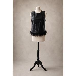FORCYNTHIA Black Faux Leather Feather Trim Sleeveless Top Size L